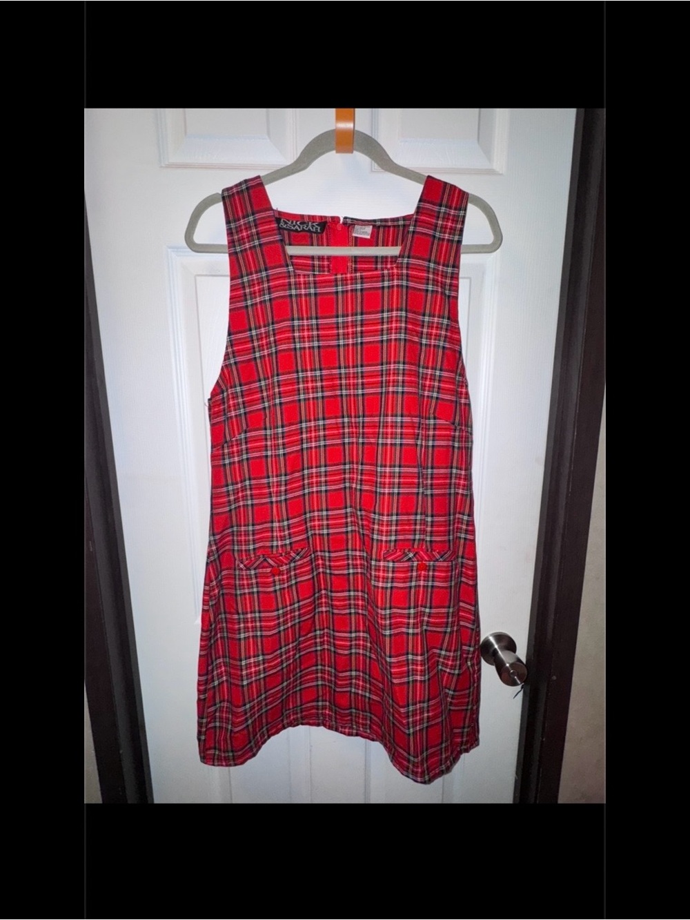 Red Plaid Sleeveless Casual Dress with Front Pockets